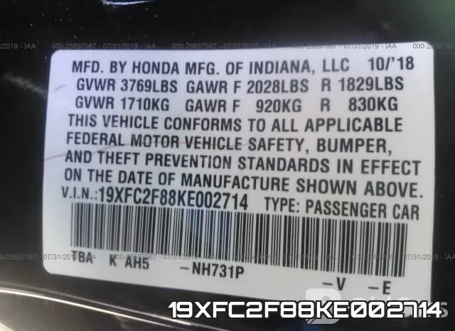 19XFC2F88KE002714 фото 10