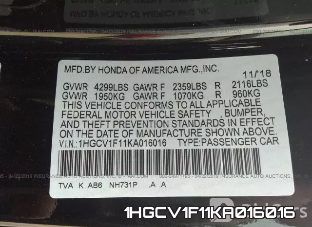 1HGCV1F11KA016016 фото 10