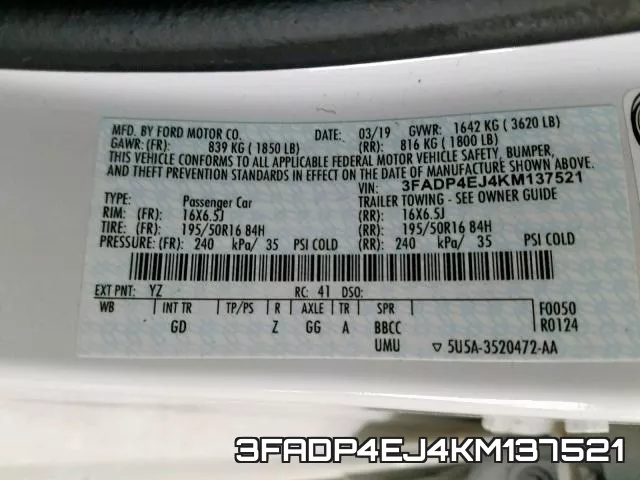 3FADP4EJ4KM137521 фото 2