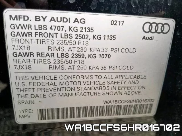 WA1BCCFS6HR016702 фото 2