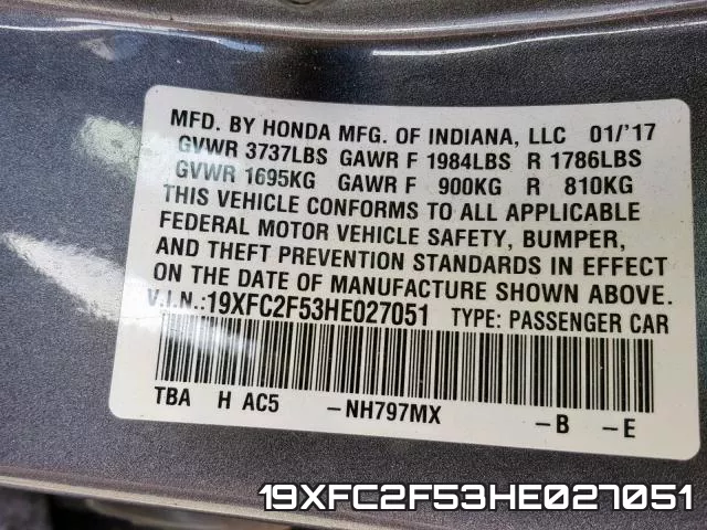 19XFC2F53HE027051 фото 2