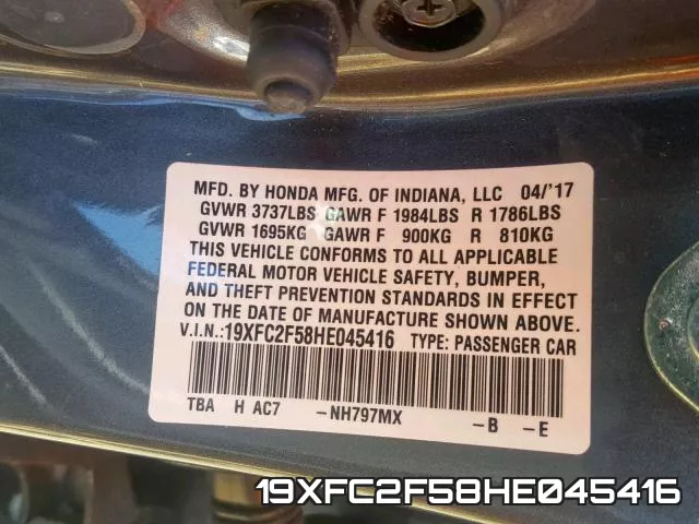 19XFC2F58HE045416 фото 2