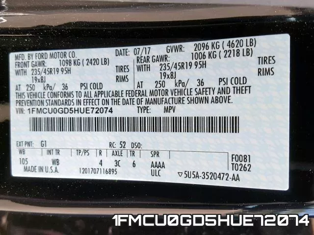 1FMCU0GD5HUE72074 фото 2