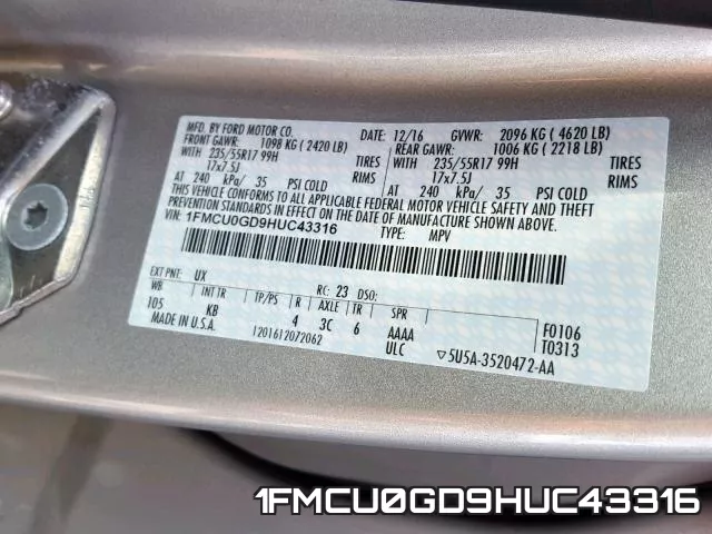 1FMCU0GD9HUC43316 фото 2