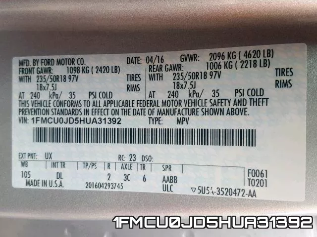 1FMCU0JD5HUA31392 фото 2