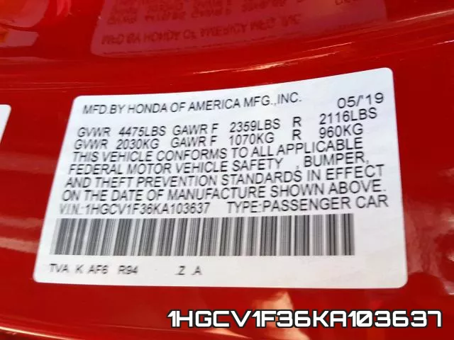 1HGCV1F36KA103637 фото 2