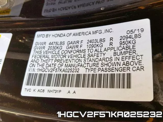 1HGCV2F57KA025232 фото 2