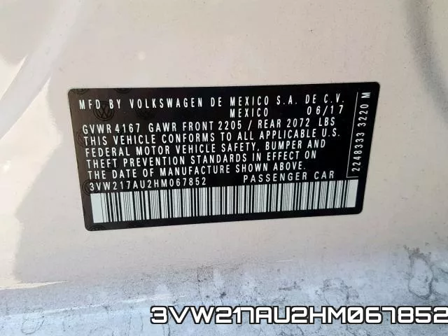 3VW217AU2HM067852 фото 2