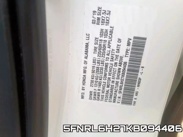 5FNRL6H27KB094406 фото 2