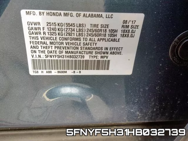 5FNYF5H31HB032739 фото 2