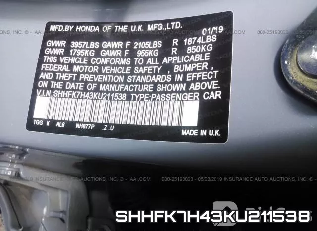 SHHFK7H43KU211538 фото 10