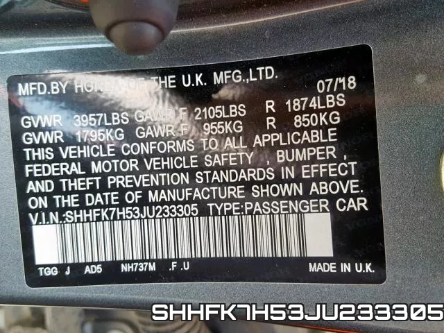 SHHFK7H53JU233305 фото 2