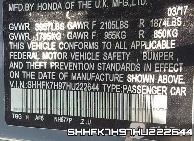 SHHFK7H97HU222644 фото 10