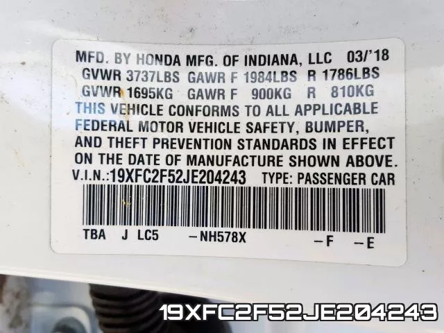 19XFC2F52JE204243 фото 2