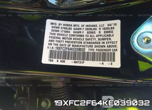 19XFC2F64KE039032 фото 10