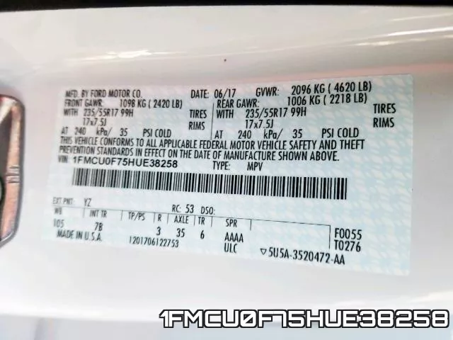 1FMCU0F75HUE38258 фото 2