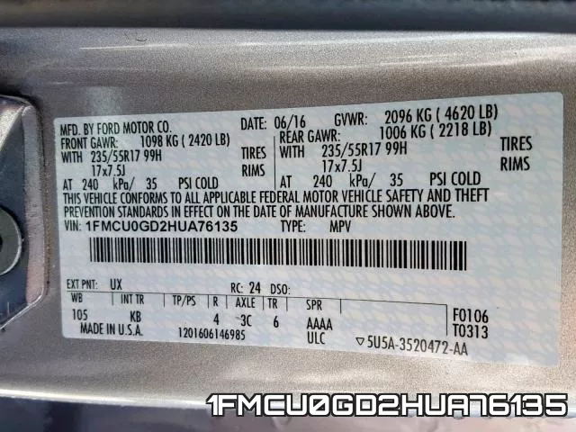 1FMCU0GD2HUA76135 фото 2
