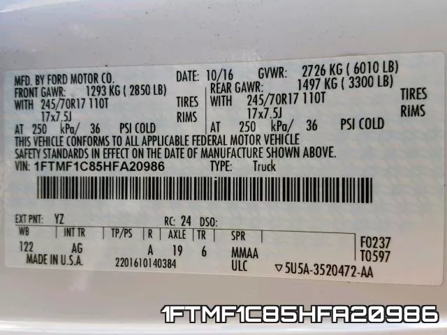 1FTMF1C85HFA20986 фото 2