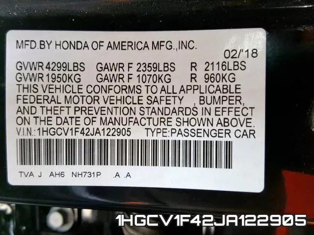 1HGCV1F42JA122905 фото 2