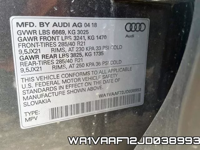 WA1VAAF72JD038993 фото 2