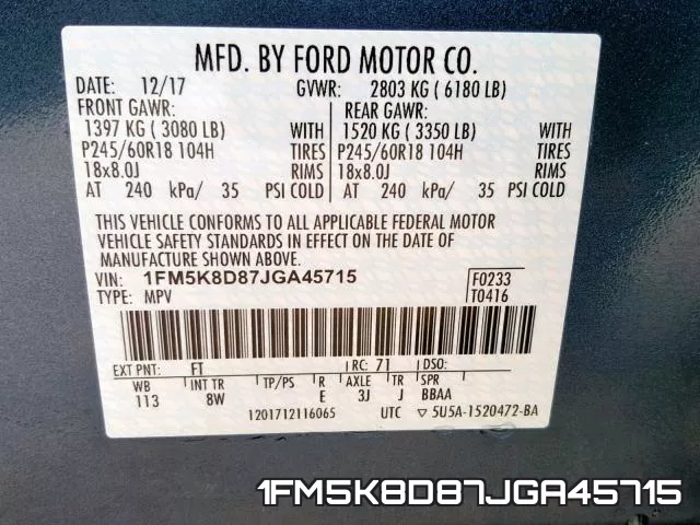 1FM5K8D87JGA45715 фото 2
