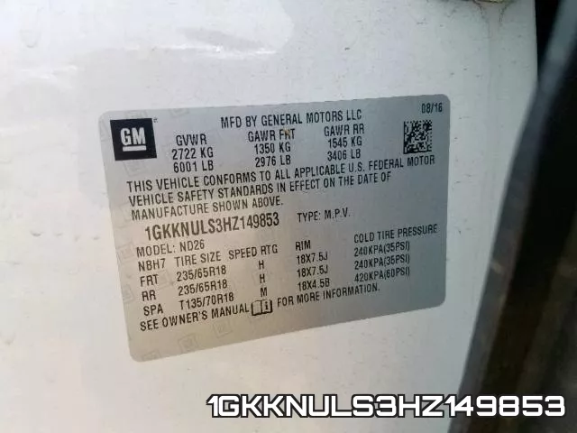 1GKKNULS3HZ149853 фото 2