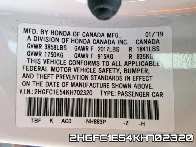 2HGFC1E54KH702320 фото 2