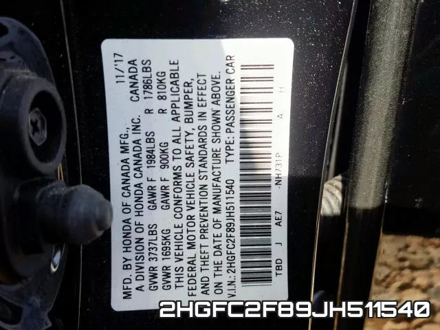 2HGFC2F89JH511540 фото 2