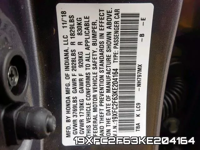 19XFC2F63KE204164 фото 2