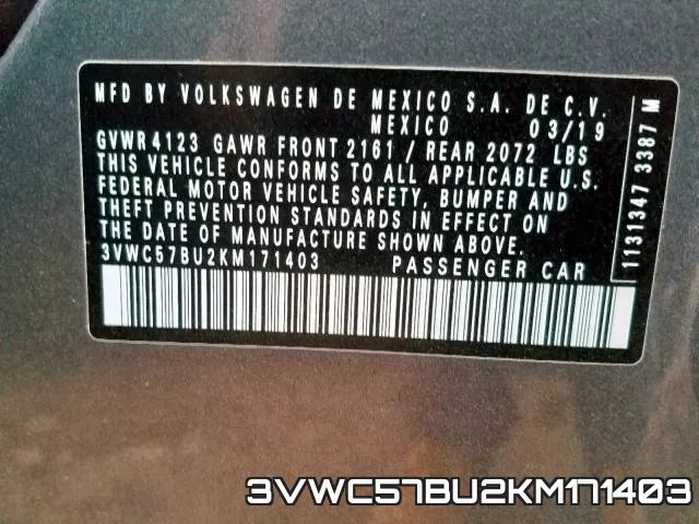 3VWC57BU2KM171403 фото 2