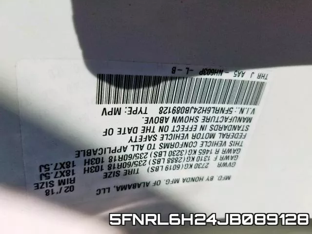 5FNRL6H24JB089128 фото 2