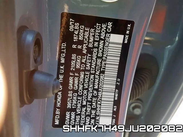 SHHFK7H49JU202082 фото 2