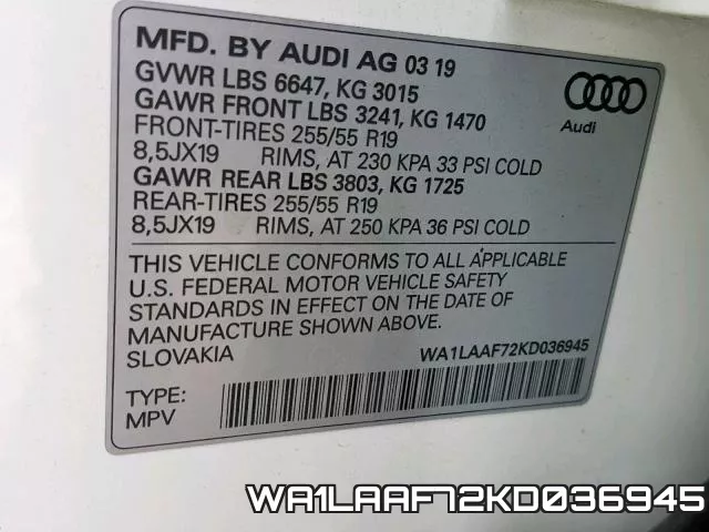 WA1LAAF72KD036945 фото 2