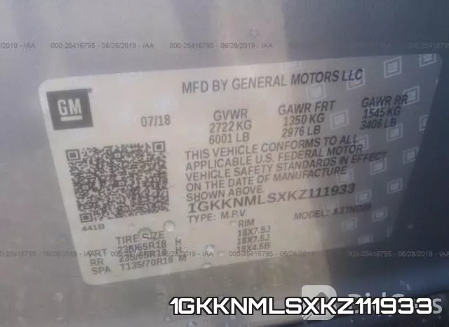 1GKKNMLSXKZ111933 фото 9