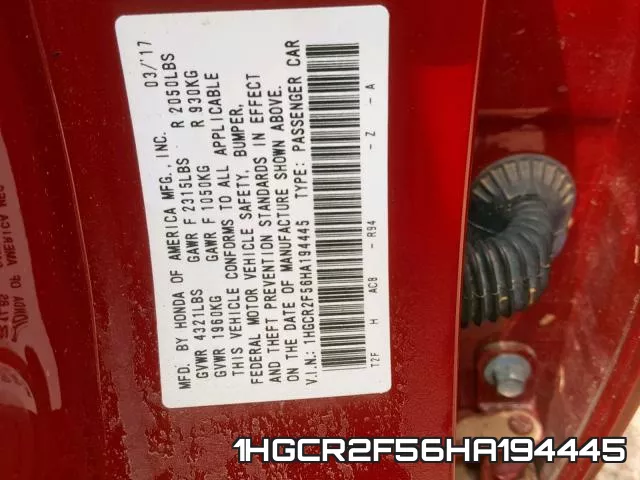 1HGCR2F56HA194445 фото 2