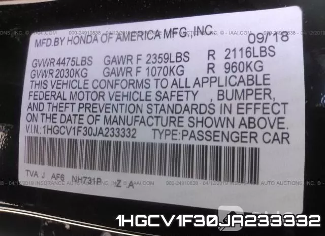 1HGCV1F30JA233332 фото 10