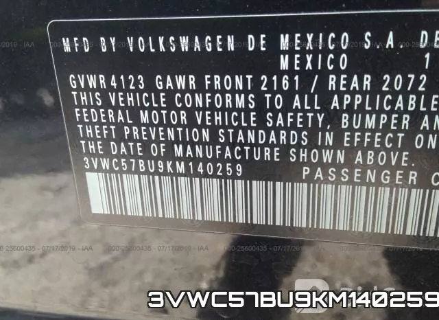 3VWC57BU9KM140259 фото 10