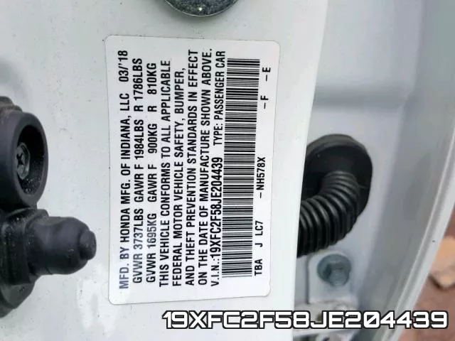 19XFC2F58JE204439 фото 2
