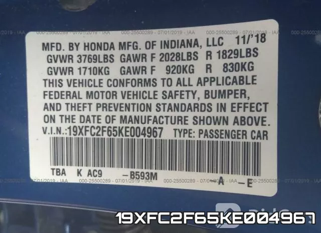 19XFC2F65KE004967 фото 10