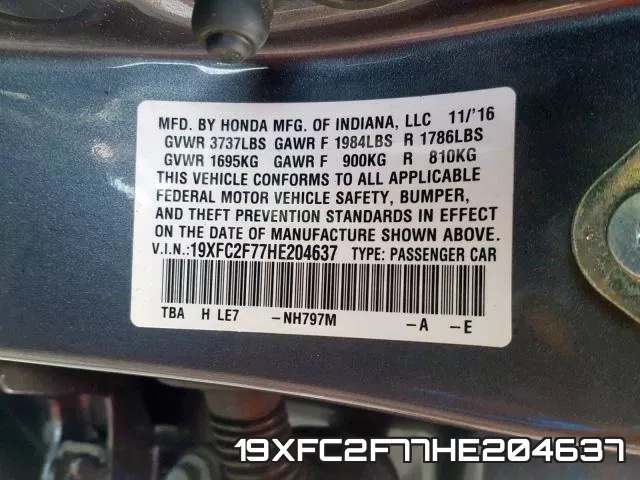 19XFC2F77HE204637 фото 2
