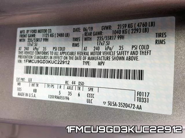 1FMCU9GD3KUC22912 фото 2