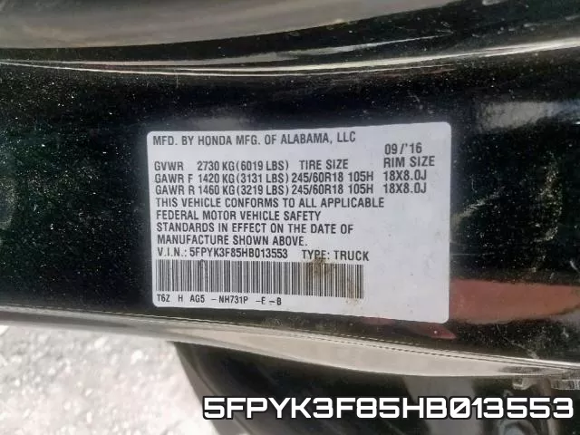 5FPYK3F85HB013553 фото 2