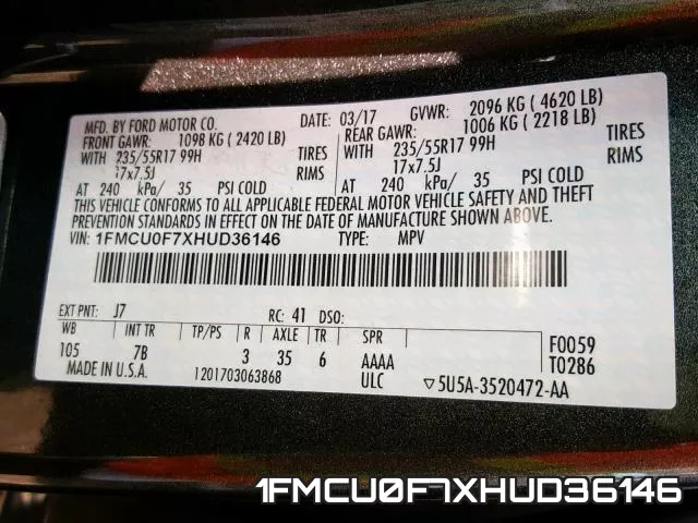 1FMCU0F7XHUD36146 фото 2