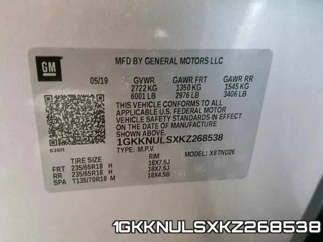 1GKKNULSXKZ268538 фото 2