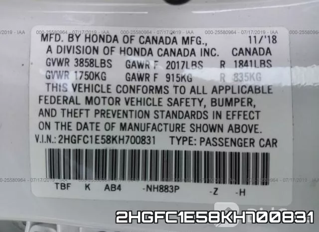 2HGFC1E58KH700831 фото 10