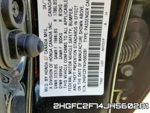 2HGFC2F74JH560281 фото 2