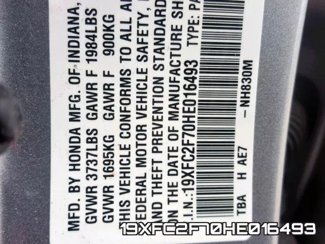 19XFC2F70HE016493 фото 2