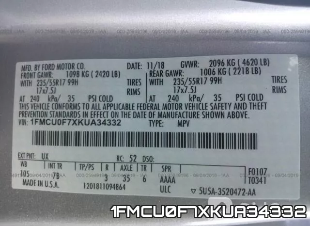 1FMCU0F7XKUA34332 фото 10