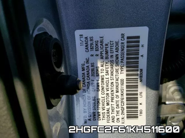 2HGFC2F61KH511600 фото 2