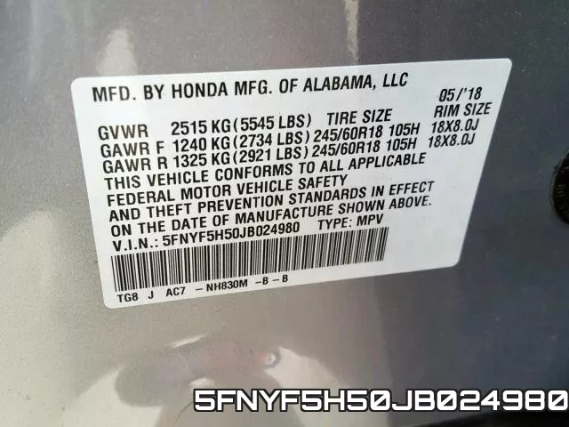 5FNYF5H50JB024980 фото 2